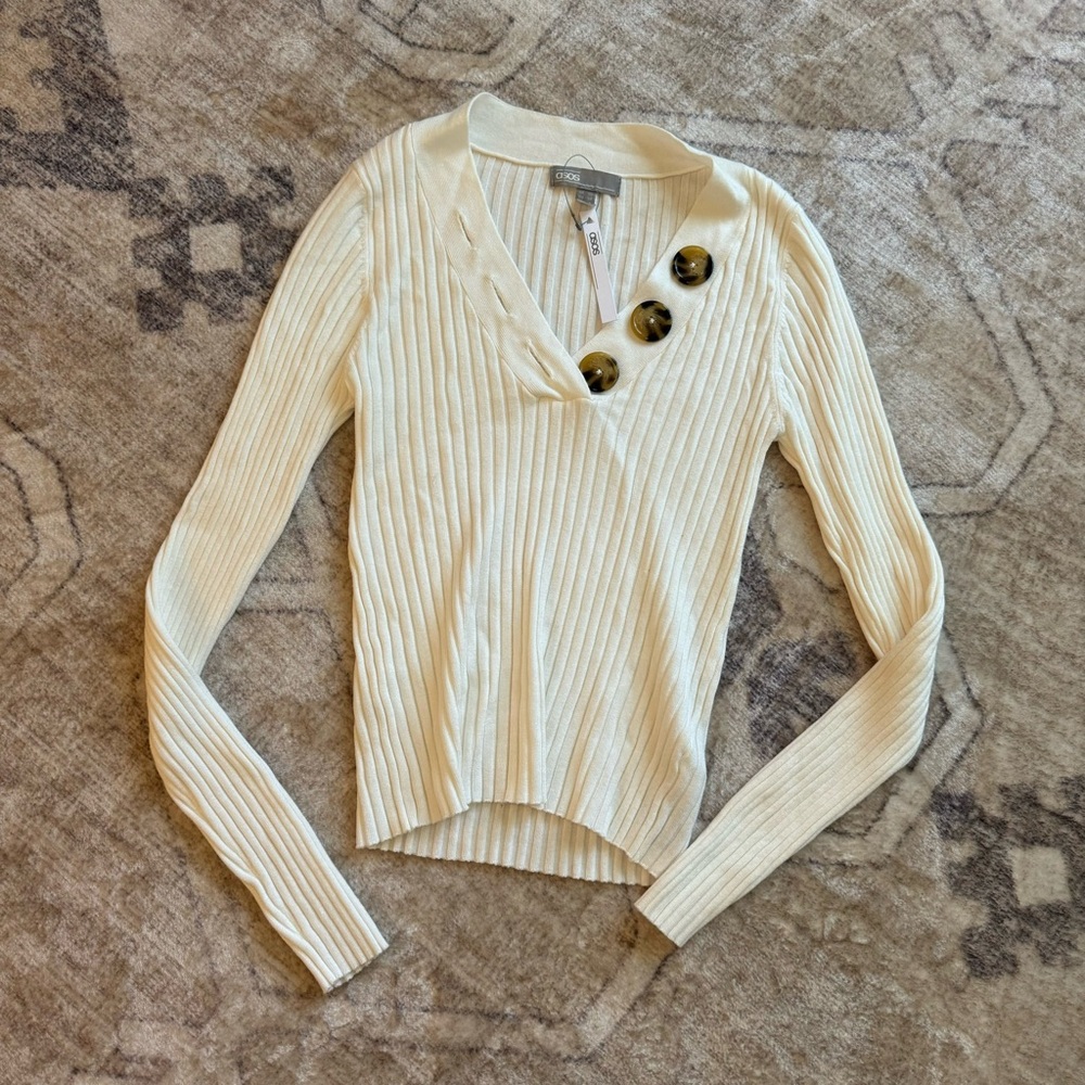 Asos ribbed cream knit v neck top with button detail